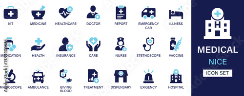 Medical icon set collection. Medical kit, medicine, healthcare, doctor, report, emergency, illness, medication, health, insurance, nurse and best solid icon set.
