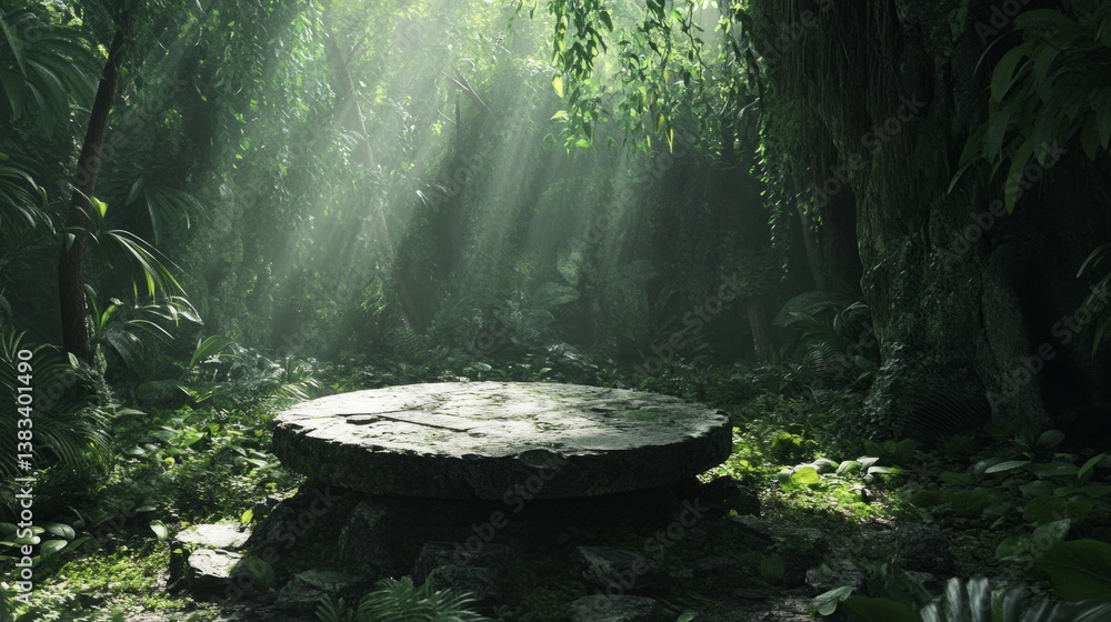 Natural stone stand surrounded by dense foliage, light filtering through the canopy, cool and relaxing scene. generative ai Natural stone stand surrounded by dense foliage, light filtering through the canopy, cool and relaxing scene. generative ai