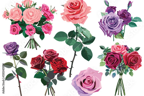 A beautiful collection of roses flowers in red and pink colors isolated on white background. Wedding card. Bouquet. Flat lay, top view