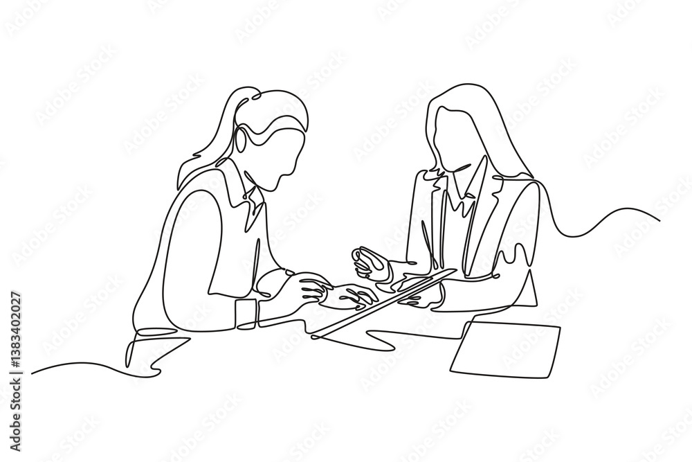 Before signing the woman reads the terms of the mortgage, lease or purchase agreement. Agreement business concept. Single line draw design. Vector graphic illustration Before signing the woman reads the terms of the mortgage, lease or purchase agreement. Agreement business concept. Single line draw design. Vector graphic illustration