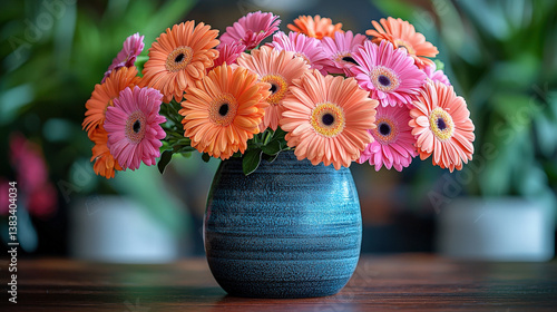 Wallpaper Mural vibrant bouquet of orange and pink gerbera daisies in textured blue vase sits on wooden table, creating cheerful and lively atmosphere. Green plants are blurred in background Torontodigital.ca