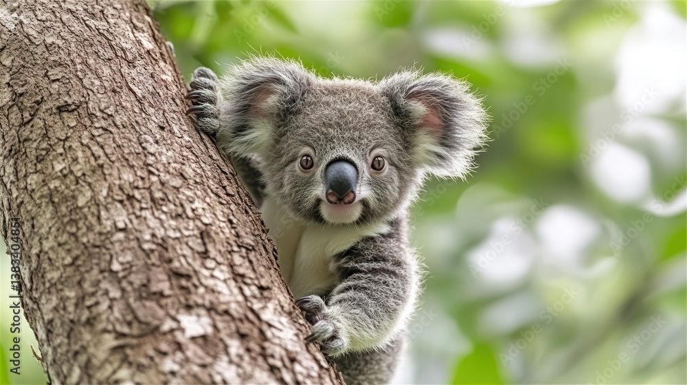 Cute koala joey clinging to tree in lush forest. Possible use Nature, wildlife, conservation Cute koala joey clinging to tree in lush forest. Possible use Nature, wildlife, conservation