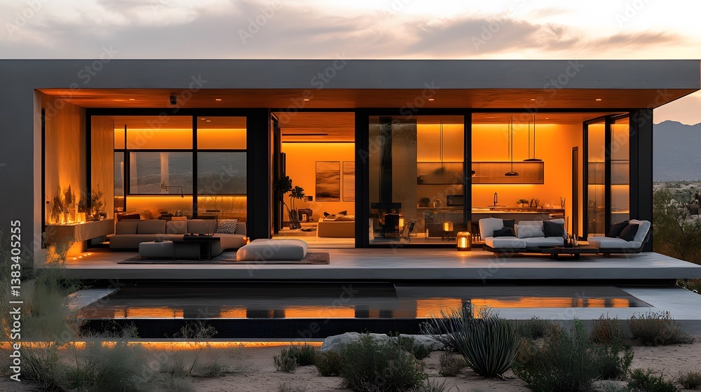 Desert minimalist house, open-layout, warm earthy tones, modern sustainable design, solar energy Desert minimalist house, open-layout, warm earthy tones, modern sustainable design, solar energy