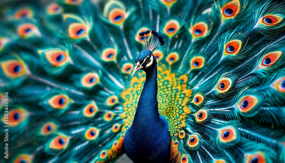 Fototapeta premium Peacock Displaying Feathers with Vibrant Colors in Detailed Closeup