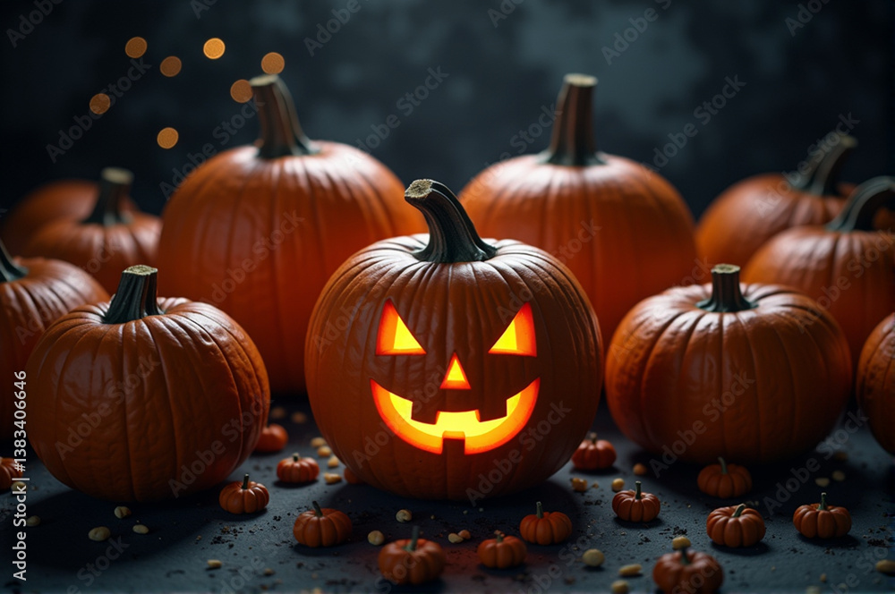 Close-up of a pumpkin with a jack-o-lantern face carved into it. Close-up of a pumpkin with a jack-o-lantern face carved into it.