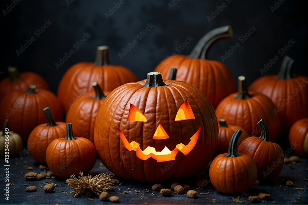 Close-up of a pumpkin with a jack-o-lantern face carved into it. Close-up of a pumpkin with a jack-o-lantern face carved into it.