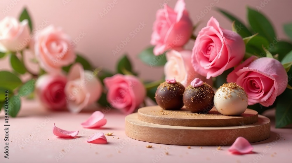 Delicate Chocolate Truffles Adorned with Golden Dust Resting on Wooden Display Near a Bouquet of Pink Roses Delicate Chocolate Truffles Adorned with Golden Dust Resting on Wooden Display Near a Bouquet of Pink Roses