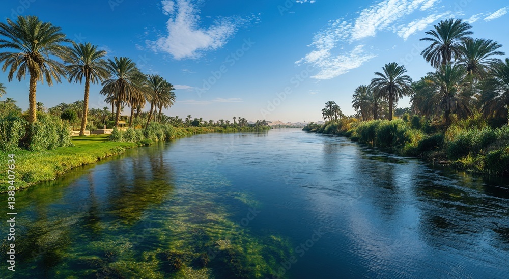 Serene River Landscape with Palm Trees and Lush Vegetation under a Sunny Sky Serene River Landscape with Palm Trees and Lush Vegetation under a Sunny Sky