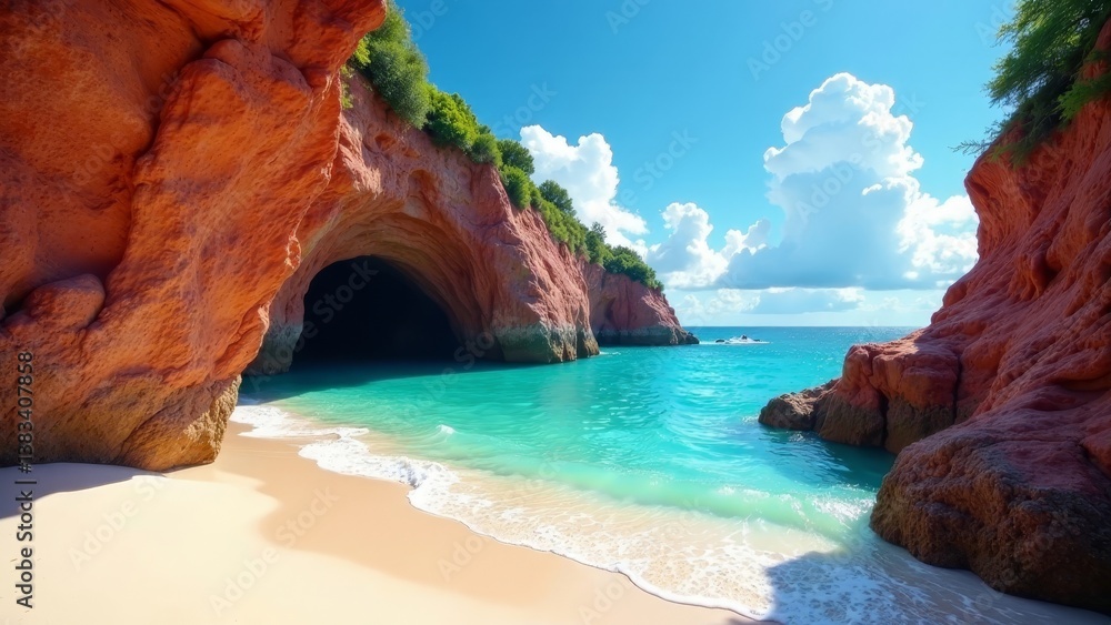 Fototapeta premium Secluded cove with red rock formations and tranquil turquoise water, perfect for relaxation and escape