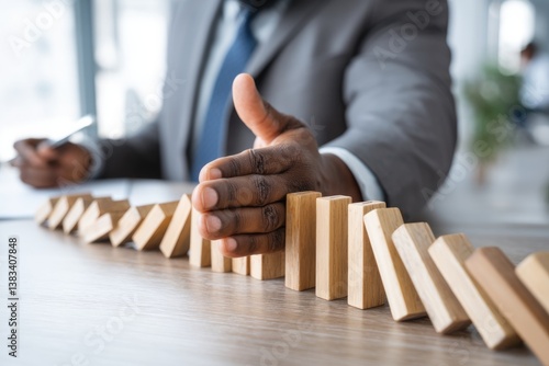 businessman stops falling dominoes with his hand