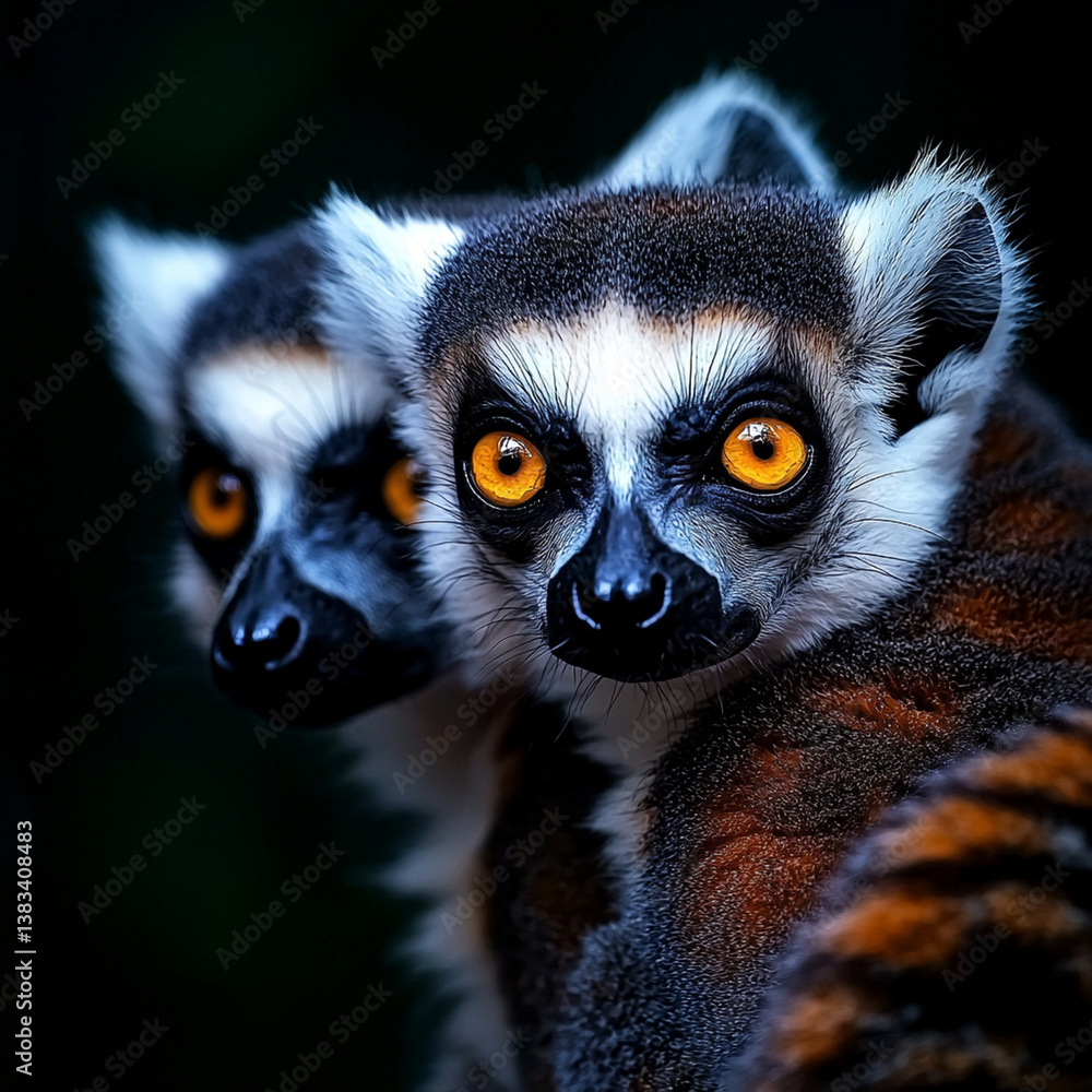Fototapeta premium Close up of two ring tailed lemurs with striking orange eyes, showcasing their unique features and expressions in dark background