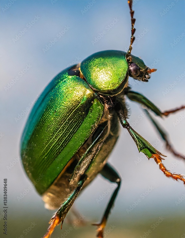 Naklejka premium Shiny Green Beetle Floating Solo Against a Void with Shell and Legs Detailed