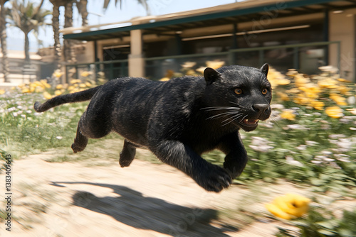 A majestic black panther sprinting quickly through a sunny outdoors scene