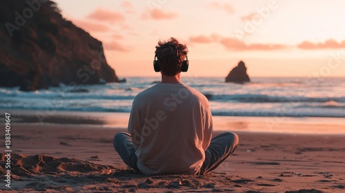 On the beach, a man is captured from the rear, wearing headphones and immersed in a state of serenity and contemplation, listening to music at sunset