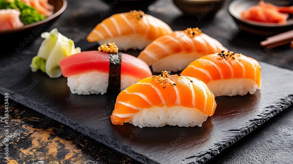 Assorted Nigiri Sushi with Salmon and Tuna on Black Stone Plate Cuisine closeup Assorted Nigiri Sushi with Salmon and Tuna on Black Stone Plate Cuisine closeup