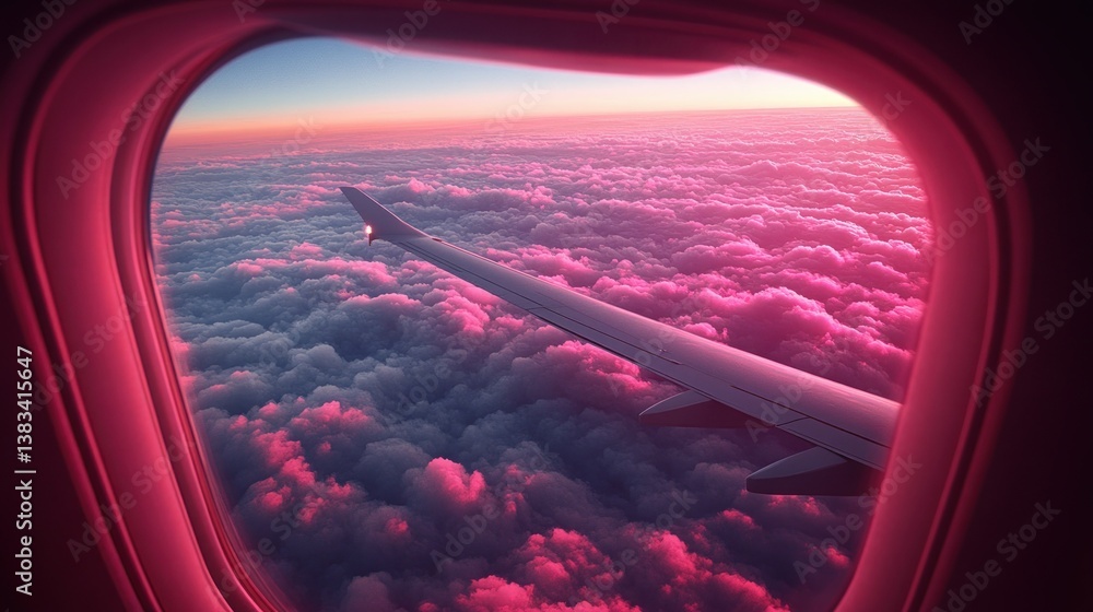 Obraz premium Airplane Window View of Pink Sunset Clouds
