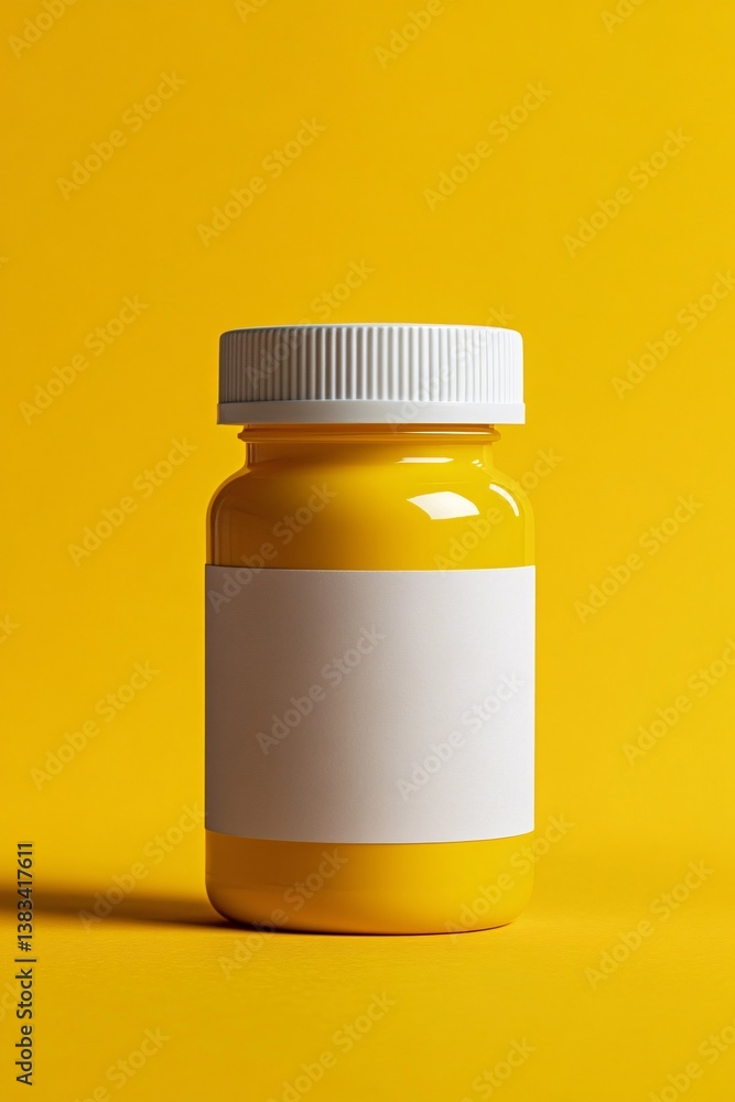 Yellow medicine bottle with blank label for your brand on yellow background Yellow medicine bottle with blank label for your brand on yellow background