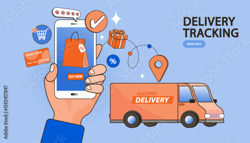 Delivery tracking and e-commerce logistics concept. A hand holds a smartphone to track an online shopping order, with a line connecting the app to a fast delivery van for express shipping.