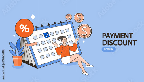 Calendar planning schedule business concept. Woman with big magnifier glass. working plan on day calendar and checks dates. Time management or deadline. vector outline illustration.