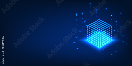 Quantum Computing Technology A light-filled dot box with lines of data that represent quantum computing, which uses the principles of quantum mechanics to process data faster than before.