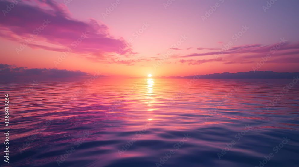 Fototapeta premium Vibrant sunset reflecting on calm ocean with distant mountains