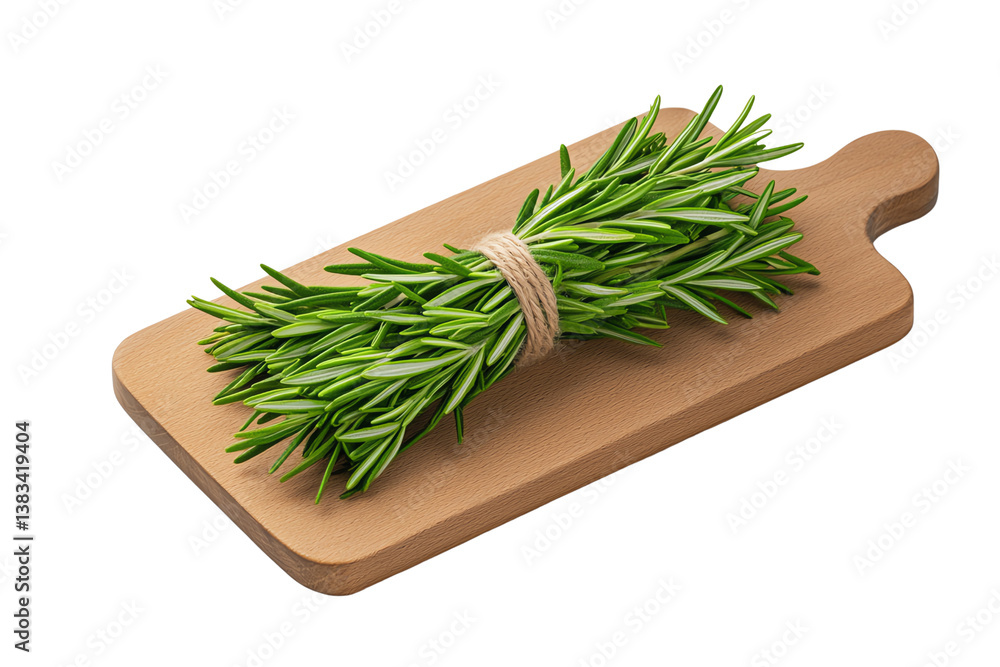 A bundle of fresh rosemary tied with twine resting on a wooden cutting board. A bundle of fresh rosemary tied with twine resting on a wooden cutting board.