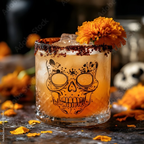 Skull-shaped cocktail with marigold flower