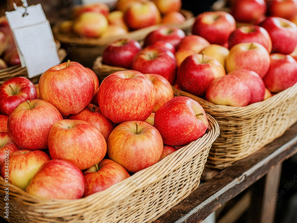 Freshly harvested apples in woven baskets at local market Freshly harvested apples in woven baskets at local market