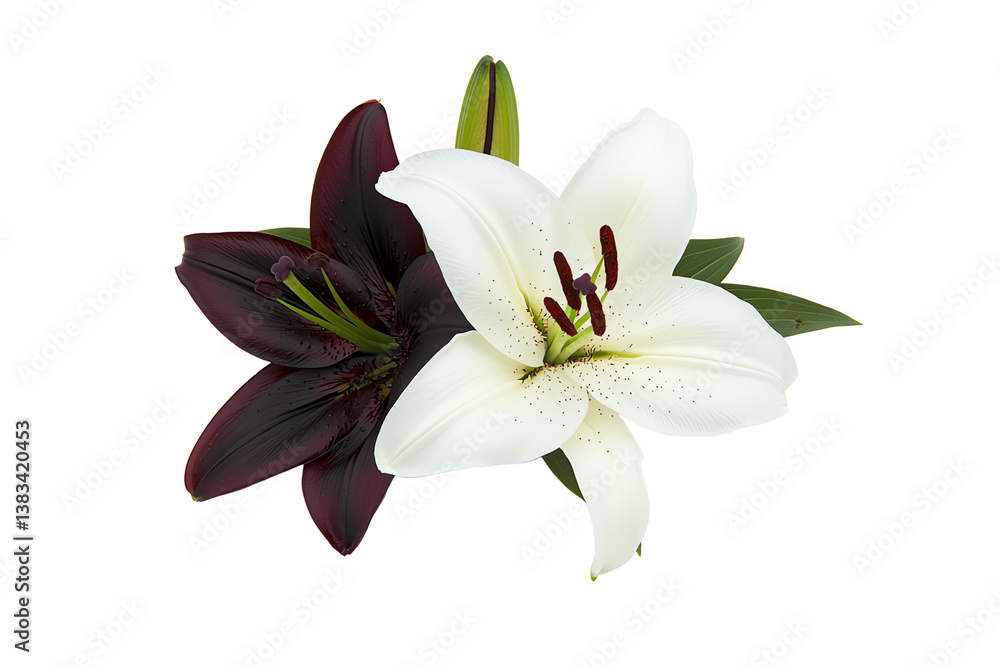 Obraz premium A pair of vibrant lilies, one white and one deep red, showcasing delicate petals and striking details.