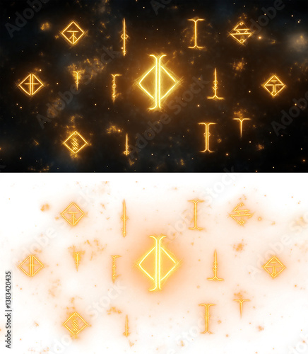 Mystical glowing runes, ideal for fantasy game UI, spellbooks or magical interfaces isolated on transparent background