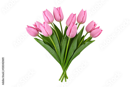 A bouquet of pink tulips with lush green leaves, showcasing their elegant petals and vibrant color.