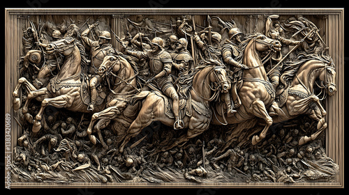 A carved relief depicting a battle scene of soldiers on horses