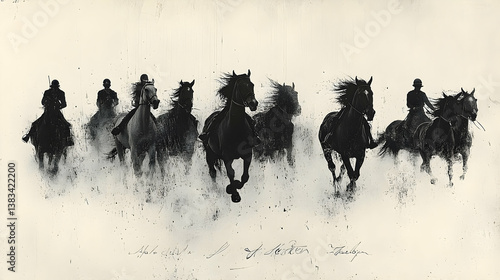 Horses and riders in a race are captured in a black and white image