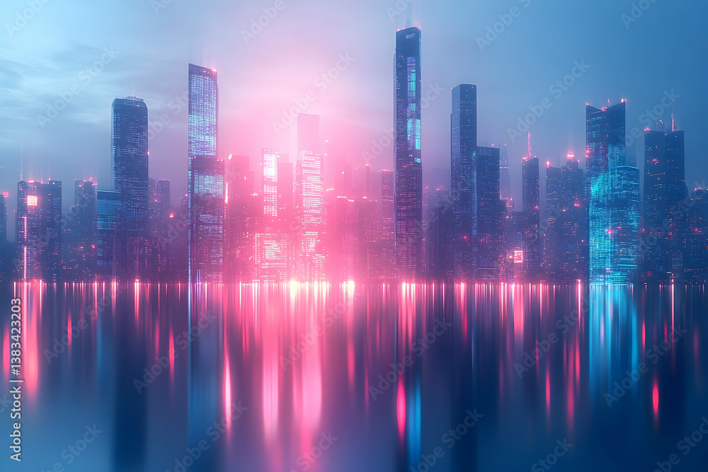 Fototapeta premium Futuristic cityscape reflecting vibrant neon lights on a mirrored surface