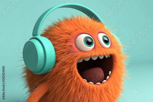 A joyful orange monster with teal headphones, experiencing pure auditory bliss against a serene mint background.