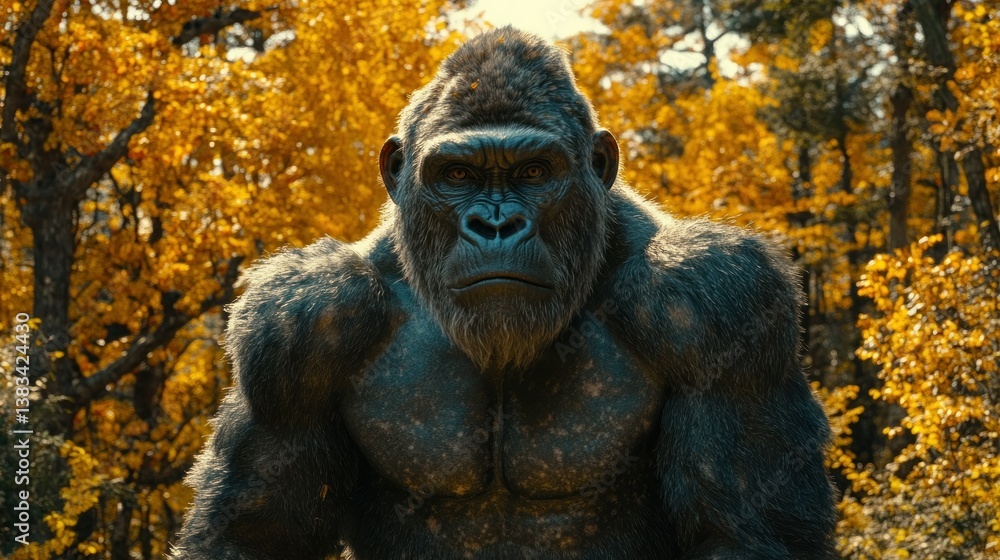 Gorilla in autumn forest, intense stare Gorilla in autumn forest, intense stare