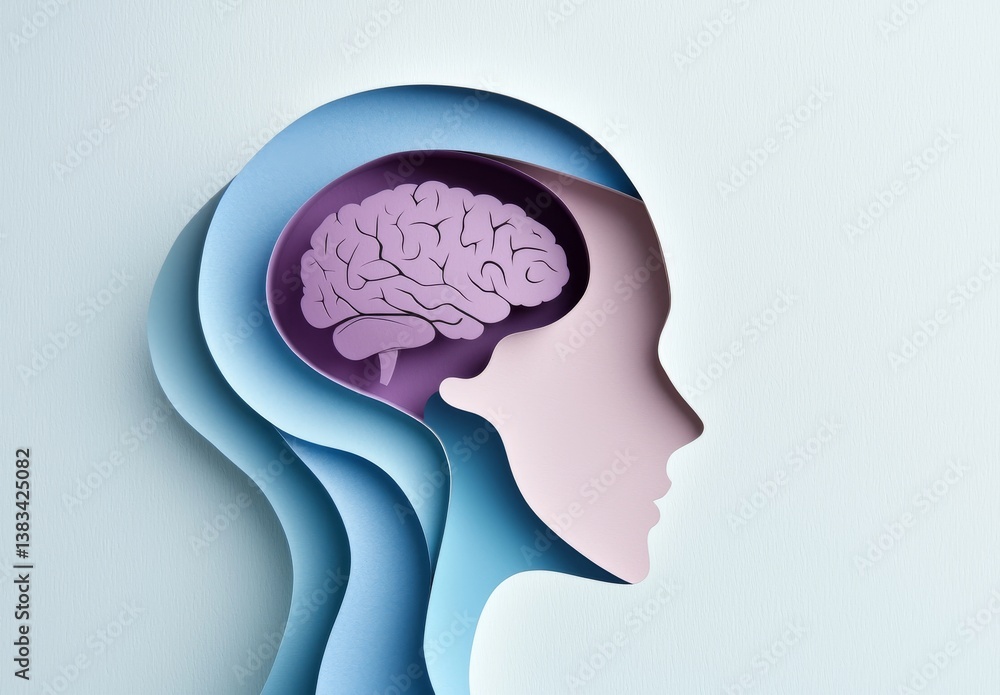 A man's silhouette in a 3D paper cut design features a tiny character within his head, representing life choices or mental health therapy ideas A man's silhouette in a 3D paper cut design features a tiny character within his head, representing life choices or mental health therapy ideas