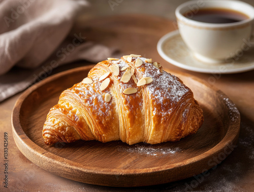 Freshly baked almond croissant with coffee on wooden plate