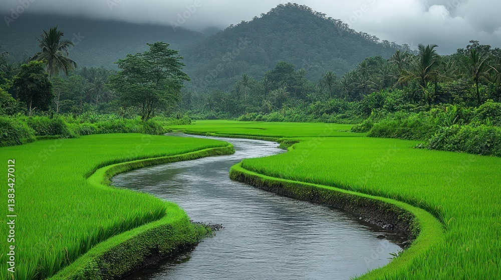 Serene rice paddy stream, winding through lush green fields, misty mountains in background. Ideal for nature, travel, or relaxation Serene rice paddy stream, winding through lush green fields, misty mountains in background. Ideal for nature, travel, or relaxation