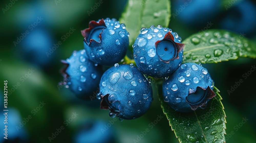 Close-up of fresh blueberries with dew drops on a bush in a garden Close-up of fresh blueberries with dew drops on a bush in a garden