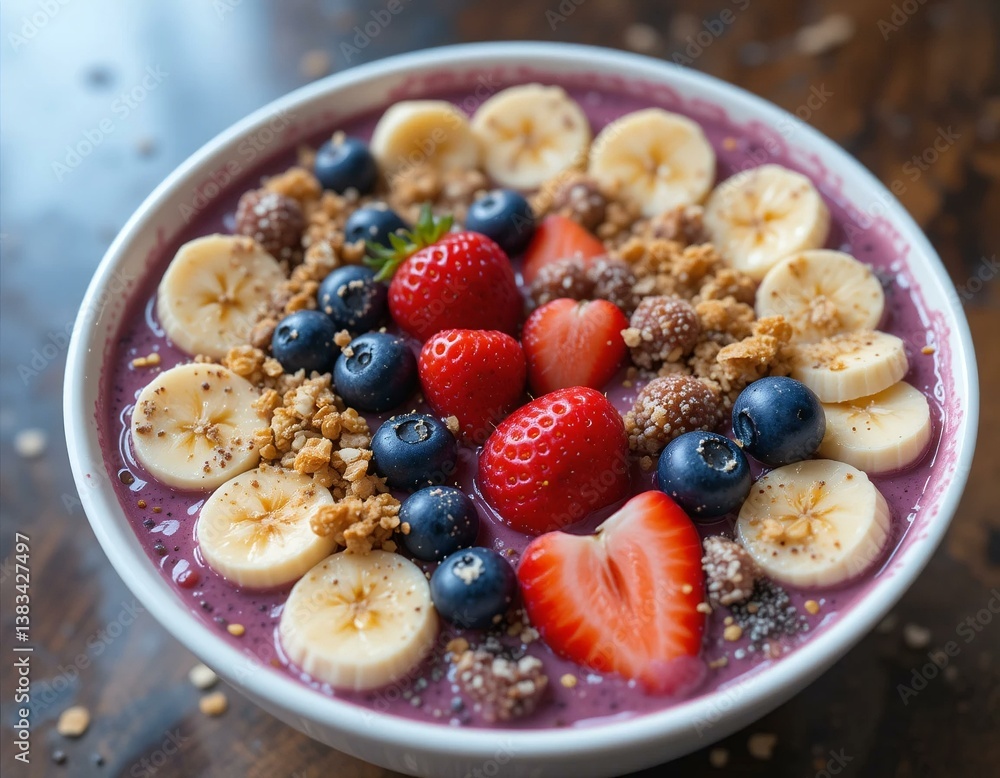 A vibrant smoothie bowl topped with sliced bananas, strawberries, blueberries, granola, and chia seeds, arranged in an aesthetically pleasing manner. A vibrant smoothie bowl topped with sliced bananas, strawberries, blueberries, granola, and chia seeds, arranged in an aesthetically pleasing manner.