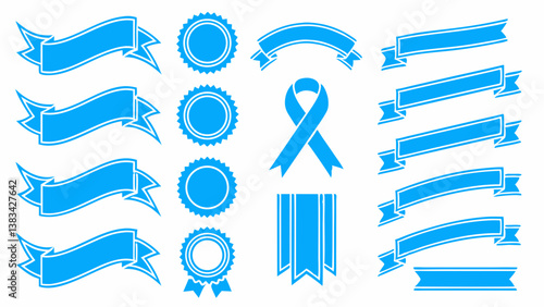 Collection of Blue Ribbons, Banners, and Seals Perfect for Awards, Certificates, and Designs