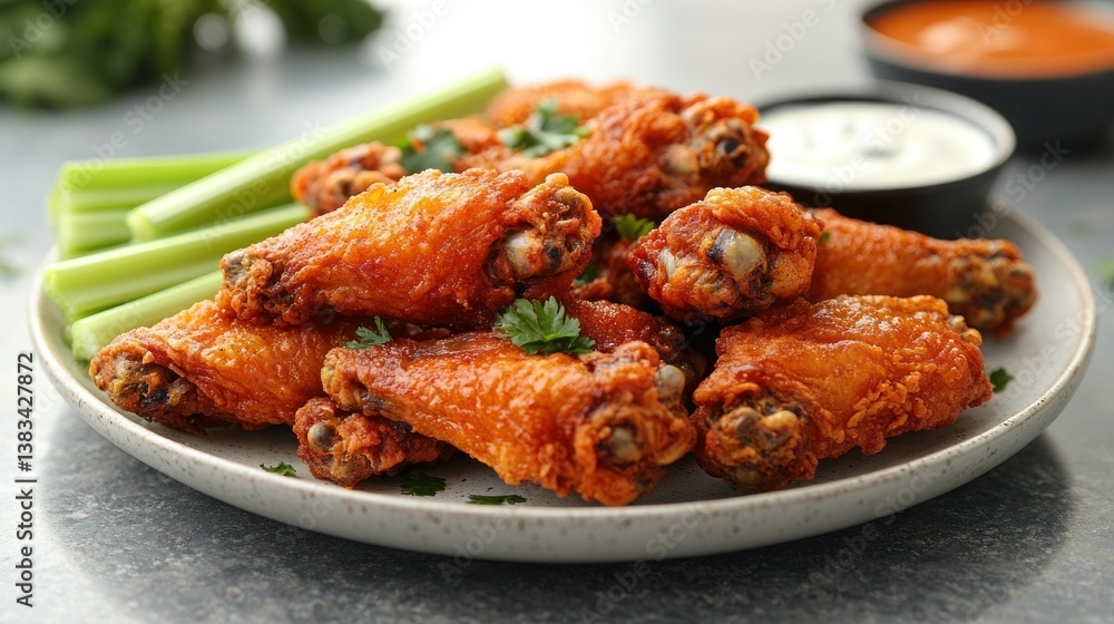 Crispy fried chicken wings on a plate with celery sticks and dipping sauces Crispy fried chicken wings on a plate with celery sticks and dipping sauces