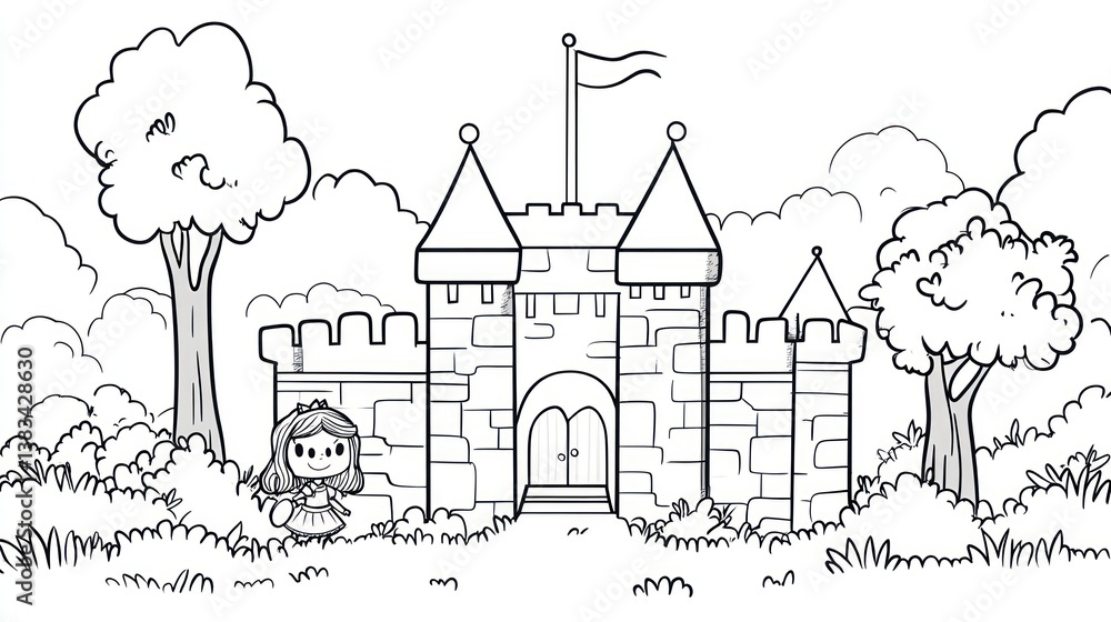 Obraz premium Cartoon princess in front of a castle in a forest