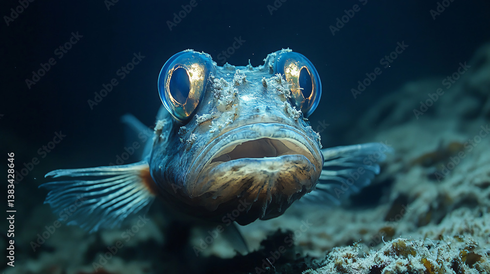 A deep-sea fish with big glowing eyes in the pitch-black sea A deep-sea fish with big glowing eyes in the pitch-black sea
