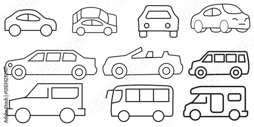 Car line icon set. Logo auto machine and black outline collection traffic sign. Vector illustration automobile design or shape transportation. Drawing pictogram