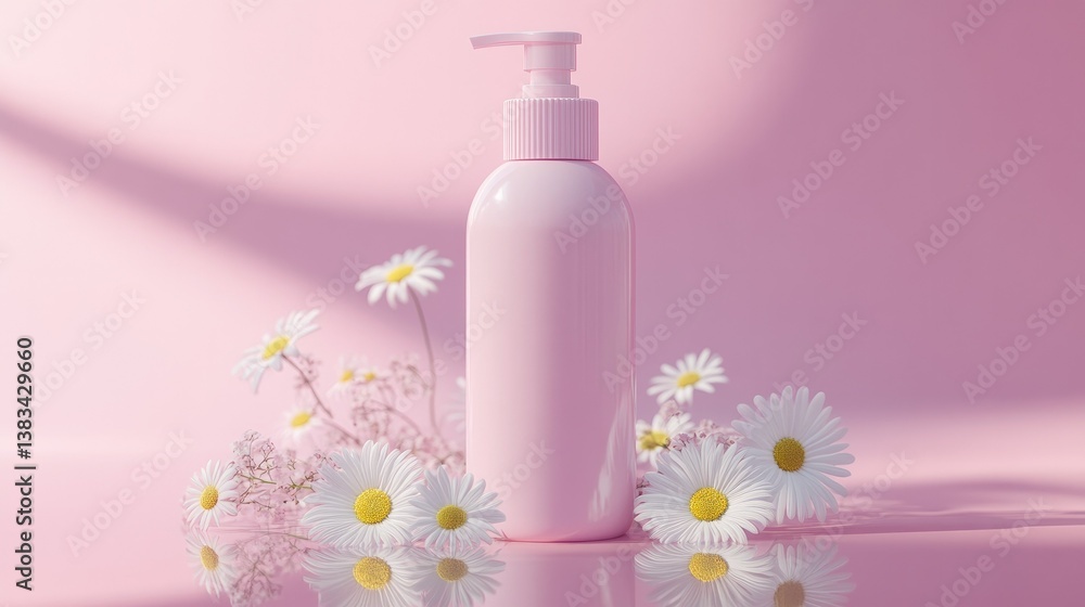 Elegant conditioner bottle mockup with pastel colors and floral accents, placed on a reflective surface with soft lighting Elegant conditioner bottle mockup with pastel colors and floral accents, placed on a reflective surface with soft lighting