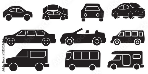 Car line icon set. Logo auto machine and black outline collection traffic sign. Vector illustration automobile design or shape transportation. Drawing pictogram