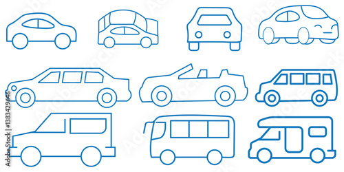 Car line icon set. Logo auto machine and black outline collection traffic sign. Vector illustration automobile design or shape transportation. Drawing pictogram