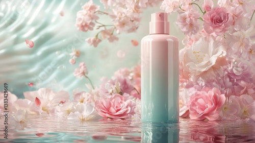 Elegant conditioner bottle mockup with pastel colors and floral accents, placed on a reflective surface with soft lighting